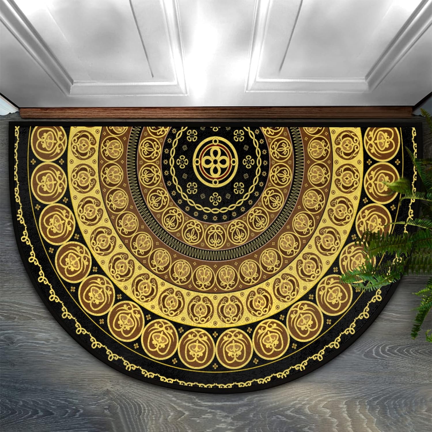Bath Mat Non Slip Golden Yellow Mandala Half Round Door Mat Indoor