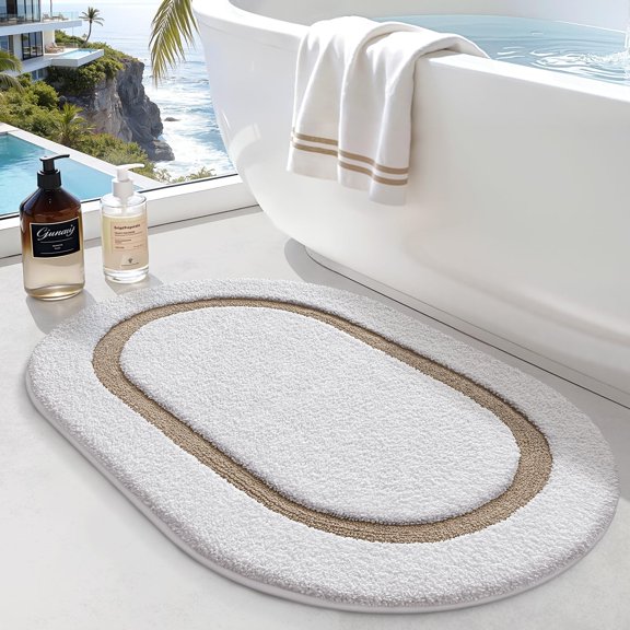 Bath Mat Oval Bathroom Rug, 20"x32" Non Slip Washable Bathroom Mats, Premium Water Absorbent Shower Rug for Accessories Decor, White and Khaki
