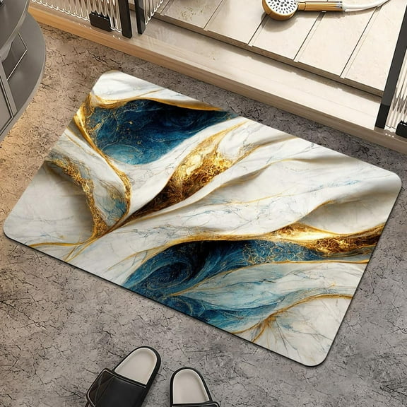 Bath Mat Rug,Abstract Blue and gold marble Non Slip Quick Dry Super Absorbent Thin Bathroom Rugs Fit Under Door-Easy to clean Bathroom Floor Mats-Shower Rug for Shower Sink Bathtub(16" x 24"In)