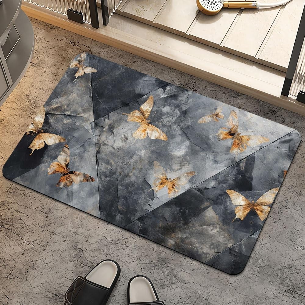 Bath Mat Rug,Black gray marble, golden butterfly Non Slip Quick Dry Super Absorbent Thin Bathroom Rugs Fit Under Door-Easy to clean Bathroom Floor Mats-Shower Rug for Shower Sink Bathtub(16" x 24"In)