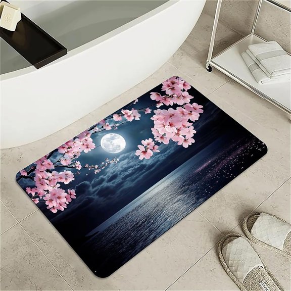 Bath Mat Rug,Cherry blossoms,moonlight Non Slip Quick Dry Super Absorbent Thin Bathroom Rugs Fit Under Door-Easy to clean Bathroom Floor Mats-Shower Rug for Shower Sink Bathtub(16" x 24"In)