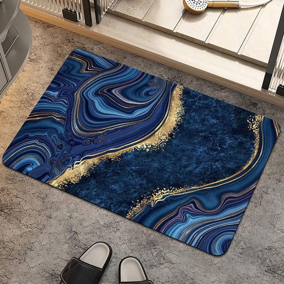 Bath Mat Rug,Dark Blue Gold Marble Non Slip Quick Dry Super Absorbent Thin Bathroom Rugs Fit Under Door-Easy to Clean s-Shower Rug for Shower Sink Bathtub(16" x 24"in)