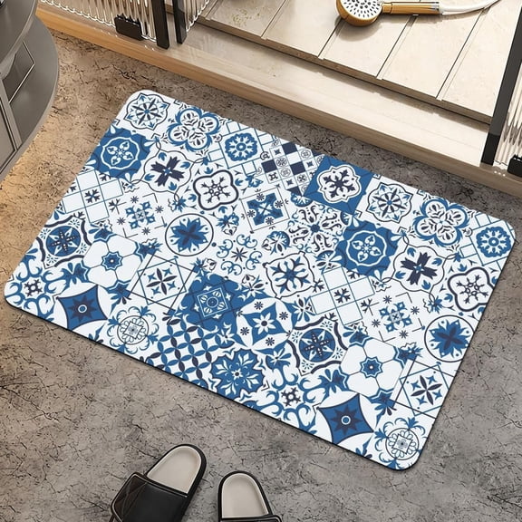 Bath Mat Rug,Floral Mosaic Stitching Non Slip Quick Dry Super Absorbent Thin Bathroom Rugs Fit Under Door-Easy to Clean Bathroom Floor Mats-Shower Rug for Shower Sink Bathtub(16" x 24"in)