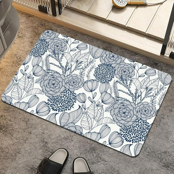 Bath Mat Rug,Navy Blue Flower Non Slip Quick Dry Super Absorbent Thin Bathroom Rugs Fit Under Door-Easy to Clean Bathroom Floor Mats-Shower Rug for Shower Sink Bathtub(17" x 27.5"in)