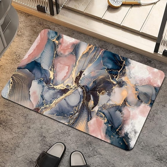 Bath Mat Rug,Pink Blue and Gold marbleNon Slip Quick Dry Super Absorbent Thin Bathroom Rugs Fit Under Door-Easy to Clean Bathroom Floor Mats-Shower Rug for Shower Sink Bathtub(20" x 31"in)