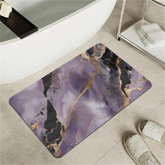 Bath Mat Rug,Purple-Black Marble Non Slip Quick Dry Super Absorbent Thin Bathroom Rugs Fit Under Door-Easy to Clean Bathroom Floor Mats-Shower Rug for Shower Sink Bathtub(16" x 24"in)