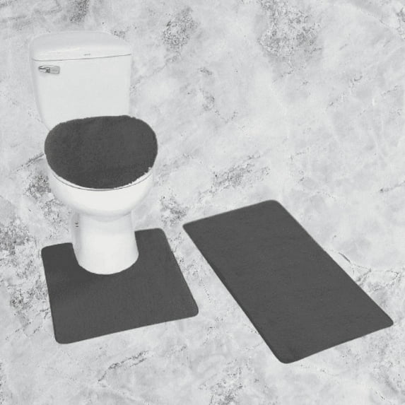 Bath Mat Rug Set With Lid Cover 3 Piece,Charcoal Color Shaggy Chenille Large Rug 19"x 30", Contour Mat 18"x18", and Toilet Lid Cover 18"x18" with Rubber Backing For Bathroom Decor