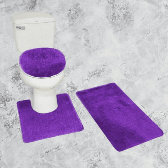 Bath Mat Rug Set With Lid Cover 3 Piece,Purple Color Shaggy Chenille Large Rug 19"x 30", Contour Mat 18"x18", and Toilet Lid Cover 18"x18" with Rubber Backing For Bathroom Decor