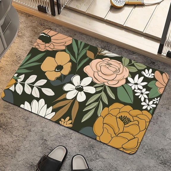 Bath Mat Rug,Vintage Large Floral Non Slip Quick Dry Super Absorbent Thin Bathroom Rugs Fit Under Door-Easy to Clean Bathroom Floor Mats-Shower Rug for Shower Sink Bathtub(16" x 24"in)