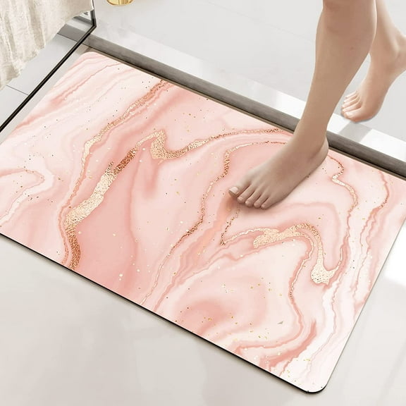 Bath Mat Rugs Bathroom Floor Mat Super Absorbent Ultra Thin Low Profile Non Slip Quick Dry Washable Carpet for Sink Shower Toilet, 16"x24" Coral Pink