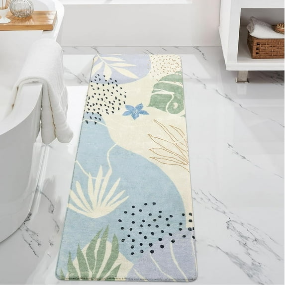 Bath Mat Runner, Abstract Botanical Tropical Bath Rug Runner, Non Slip Machine Washable Soft Bathroom Carpet, Aesthetic Design Purple Large Bathroom Mat for Tub Sink Laundry, 20x59 inch
