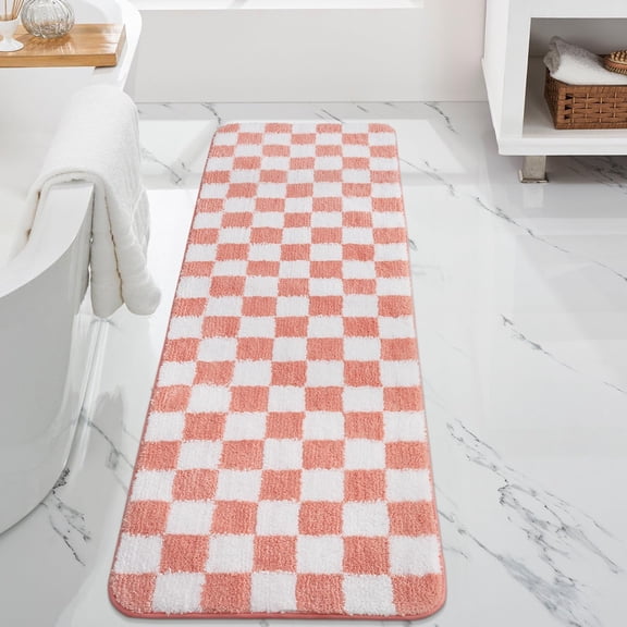 Bath Mat Runner, Pink Checkerboard Geometric Bath Runner Rug, Absorbent Anti Skid Washable Long Bathroom Mat, Contemporary Plaid Cozy Soft Bath Rugs for Bathtub Laundry Sink, 20x59 inch