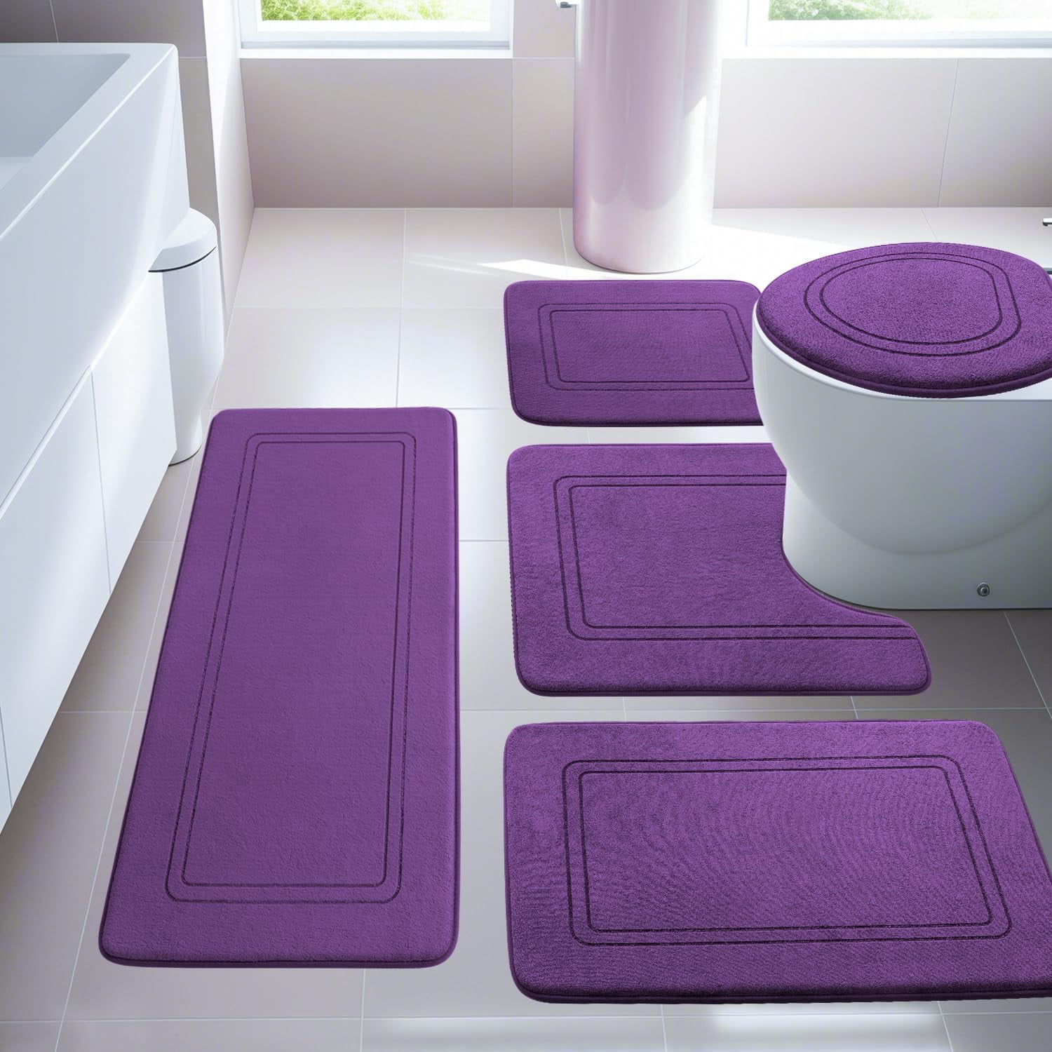 Purple Memory Foam 5-Piece Non-Slip Bath Mat Set