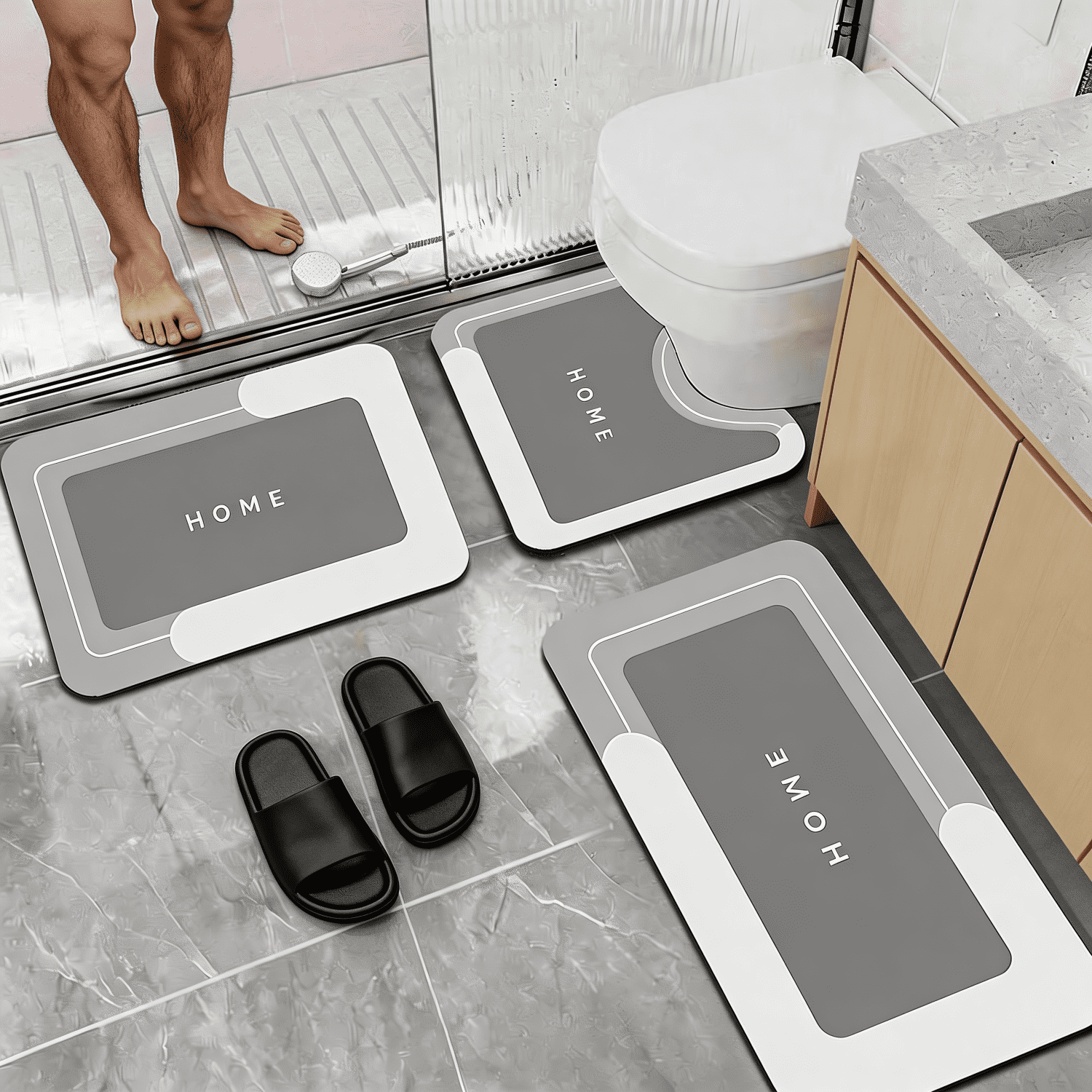 Bath Mat Set of 3, Diatomaceous Earth Fabric, Non-Slip Rubber Backing, Quick-Dry, HOME Print