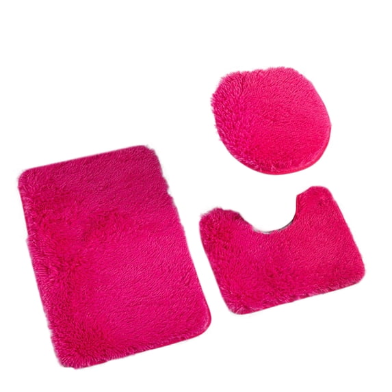 Bath Mat Setof3, Toilet MatsforBathroom, 20X33 In, Fuzzy Fuchsia, Toilet Lid Cover Set, Non-Slip Base, Residential Washroom, 3 Pack