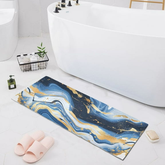 Bath Mat Soft Plush Non-Slip Absorbent Bathroom Rugs 39"x20" Abstract Blue Gold Marble
