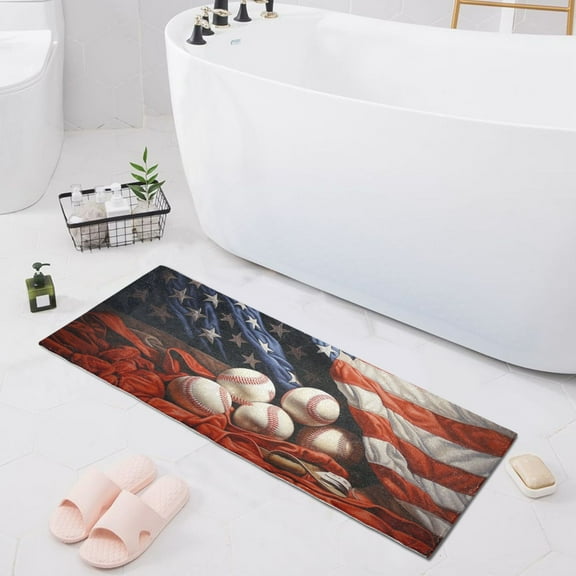 Bath Mat Soft Plush Non-Slip Absorbent Bathroom Rugs 39"x20" American Flag and Baseball