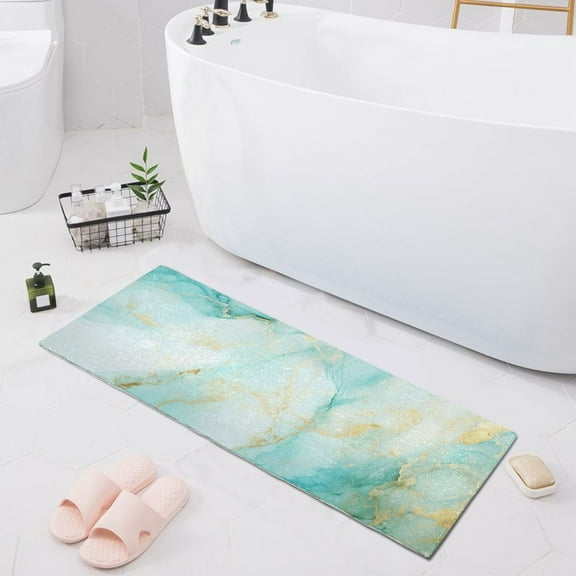 Bath Mat Soft Plush Non-Slip Absorbent Bathroom Rugs 39"x20" Aqua White Marble