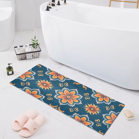 Bath Mat Soft Plush Non-Slip Absorbent Bathroom Rugs 39"x20" Arabesque Floral Flowers