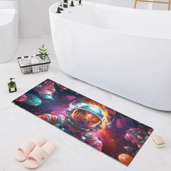 Bath Mat Soft Plush Non-Slip Absorbent Bathroom Rugs 39"x20" Astronaut and Bubbles
