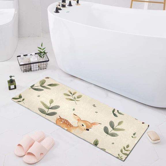 Bath Mat Soft Plush Non-Slip Absorbent Bathroom Rugs 39"x20" Baby Deer and Leaves