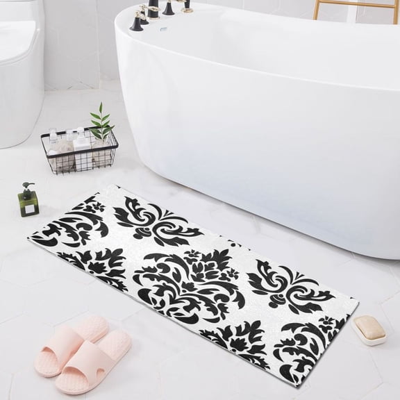 Bath Mat Soft Plush Non-Slip Absorbent Bathroom Rugs 39"x20" Baroque Black Damask Figure