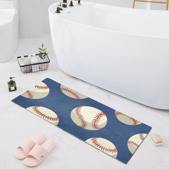 Bath Mat Soft Plush Non-Slip Absorbent Bathroom Rugs 39"x20" Baseball on Blue
