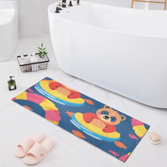 Bath Mat Soft Plush Non-Slip Absorbent Bathroom Rugs 39"x20" Bear Swimming Circle Fish