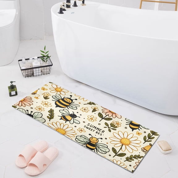Bath Mat Soft Plush Non-Slip Absorbent Bathroom Rugs 39"x20" Bee Honey and Daisy