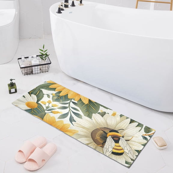 Bath Mat Soft Plush Non-Slip Absorbent Bathroom Rugs 39"x20" Bee and Sunflowers