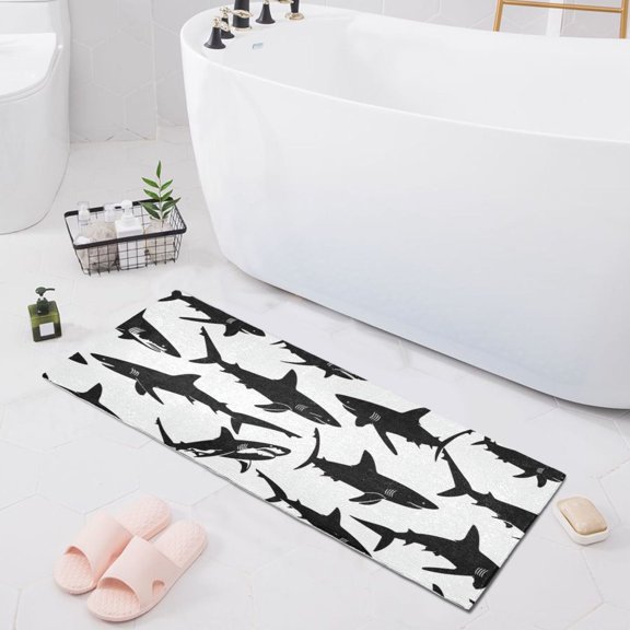 Bath Mat Soft Plush Non-Slip Absorbent Bathroom Rugs 39"x20" Black Shark Silhouettes