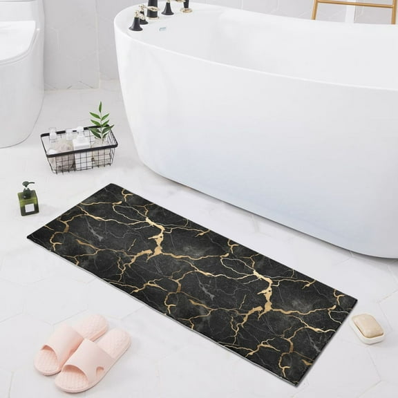 Bath Mat Soft Plush Non-Slip Absorbent Bathroom Rugs 39"x20" Black and Gold Marble