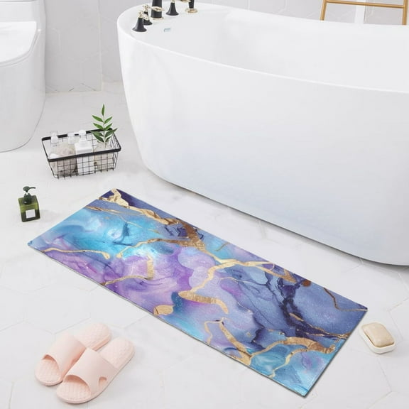 Bath Mat Soft Plush Non-Slip Absorbent Bathroom Rugs 39"x20" Blue Purple Marble