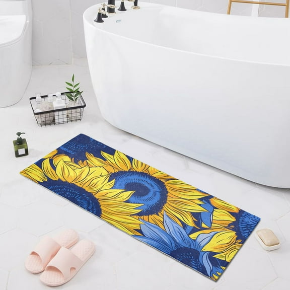 Bath Mat Soft Plush Non-Slip Absorbent Bathroom Rugs 39"x20" Blue Yellow Sunflowers