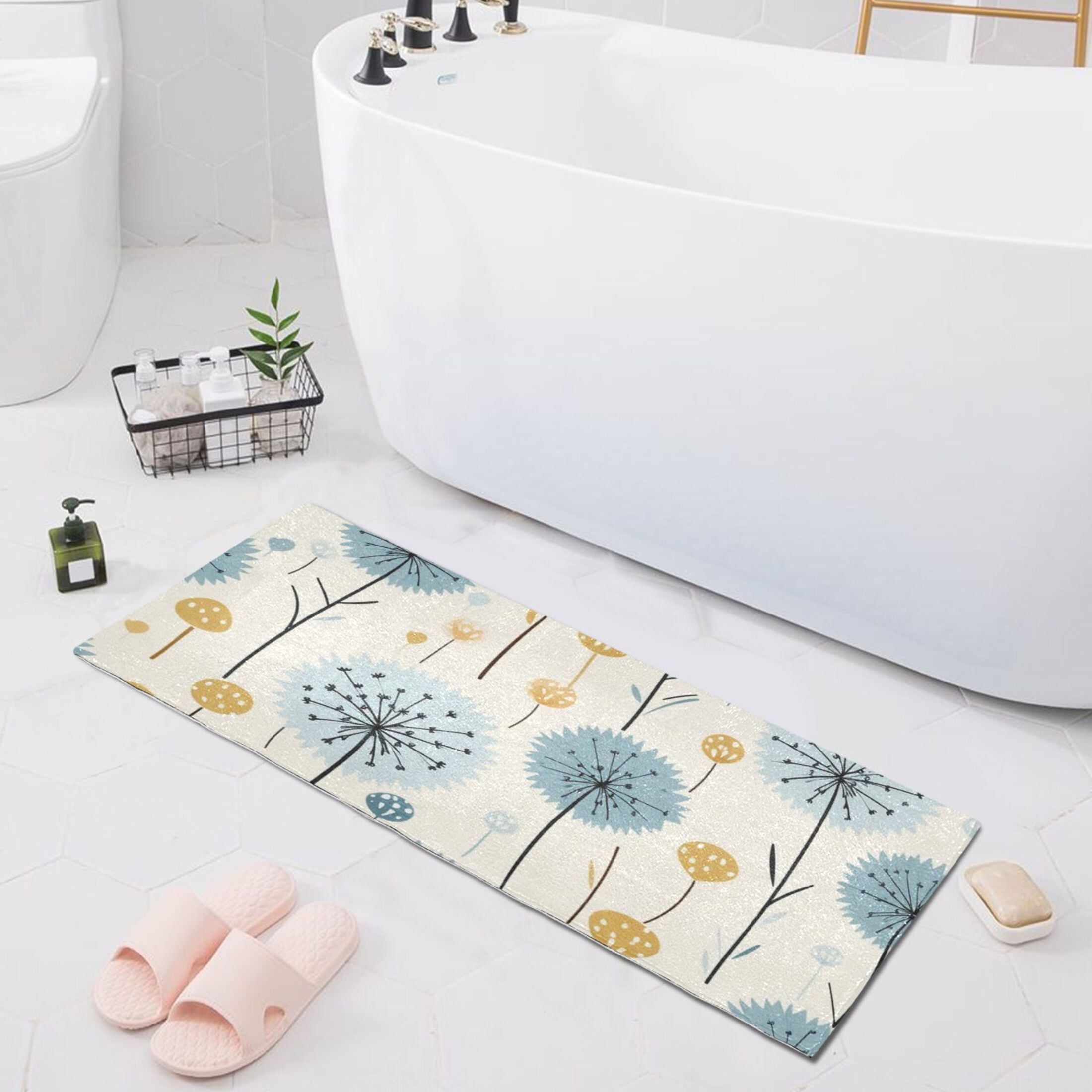 Bath Mat Soft Plush Non-Slip Absorbent Bathroom Rugs 39"x20" Blue and Yellow Dandelion