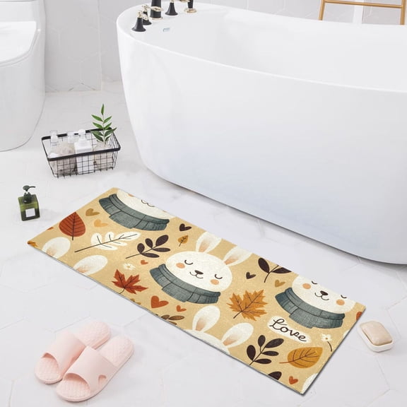 Bath Mat Soft Plush Non-Slip Absorbent Bathroom Rugs 39"x20" Bunny Head with Fall Leaves