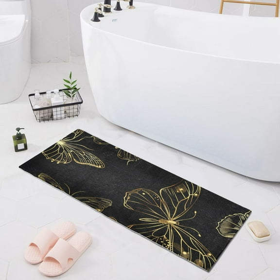 Bath Mat Soft Plush Non-Slip Absorbent Bathroom Rugs 39"x20" Butterflies Golden Outline