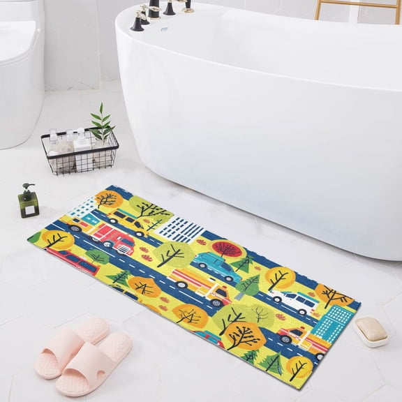 Bath Mat Soft Plush Non-Slip Absorbent Bathroom Rugs 39"x20" Car on City Road