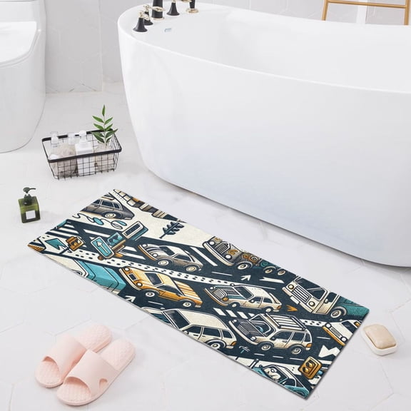 Bath Mat Soft Plush Non-Slip Absorbent Bathroom Rugs 39"x20" Cars Row on Roads