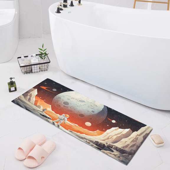 Bath Mat Soft Plush Non-Slip Absorbent Bathroom Rugs 39"x20" Cartoon Astronaut and Moon