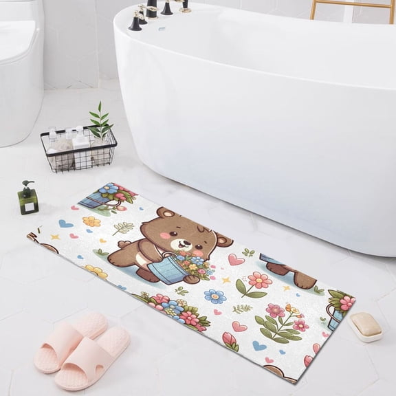 Bath Mat Soft Plush Non-Slip Absorbent Bathroom Rugs 39"x20" Cartoon Bear and Flower Bucket