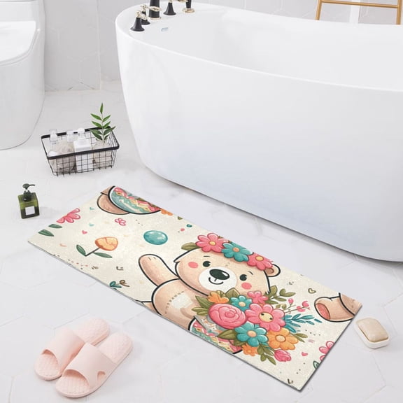 Bath Mat Soft Plush Non-Slip Absorbent Bathroom Rugs 39"x20" Cartoon Bear with Flowers