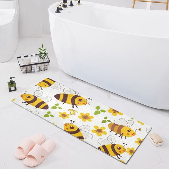 Bath Mat Soft Plush Non-Slip Absorbent Bathroom Rugs 39"x20" Cartoon Bee and Sunflowers
