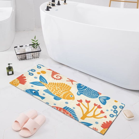 Bath Mat Soft Plush Non-Slip Absorbent Bathroom Rugs 39"x20" Cartoon Fish and Seahorse