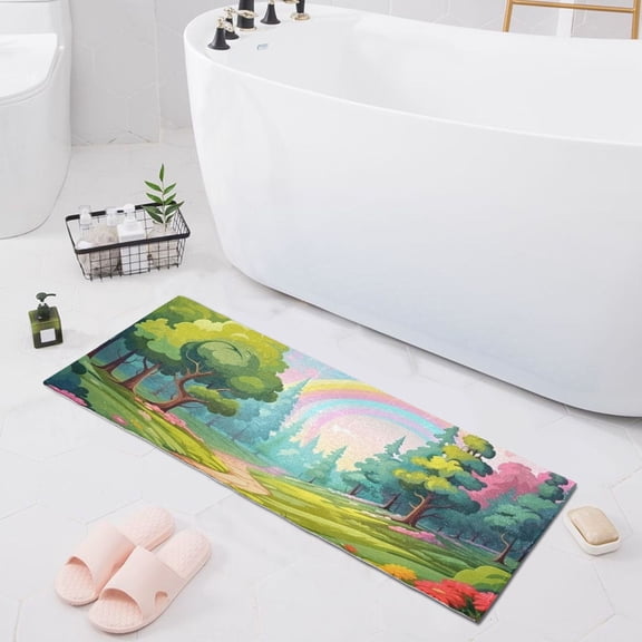 Bath Mat Soft Plush Non-Slip Absorbent Bathroom Rugs 39"x20" Cartoon Forest and Rainbow