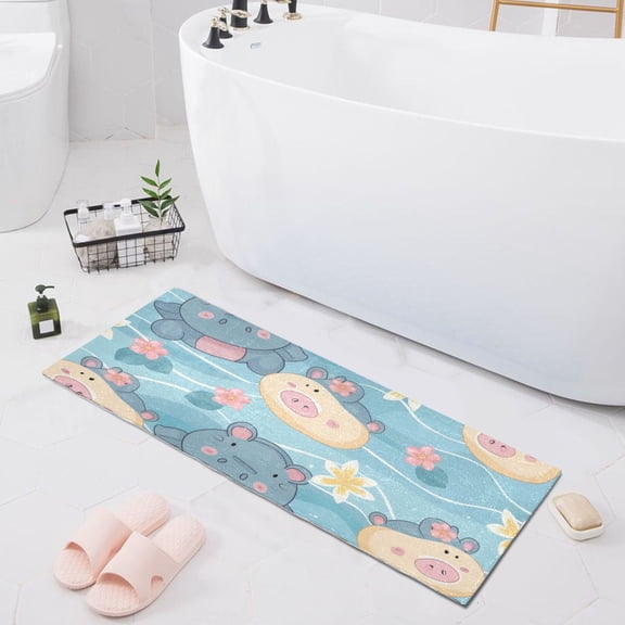 Bath Mat Soft Plush Non-Slip Absorbent Bathroom Rugs 39"x20" Cartoon Hippo and Flowers