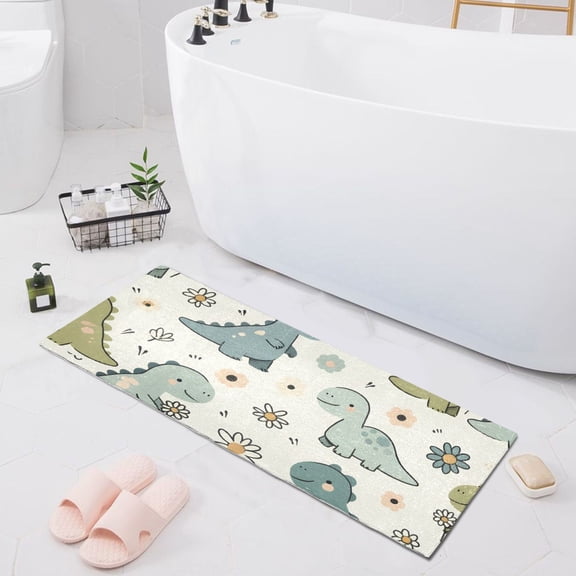 Bath Mat Soft Plush Non-Slip Absorbent Bathroom Rugs 39"x20" Cartoon Little Dinosaur and Daisy