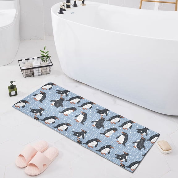 Bath Mat Soft Plush Non-Slip Absorbent Bathroom Rugs 39"x20" Cartoon Penguins Walking