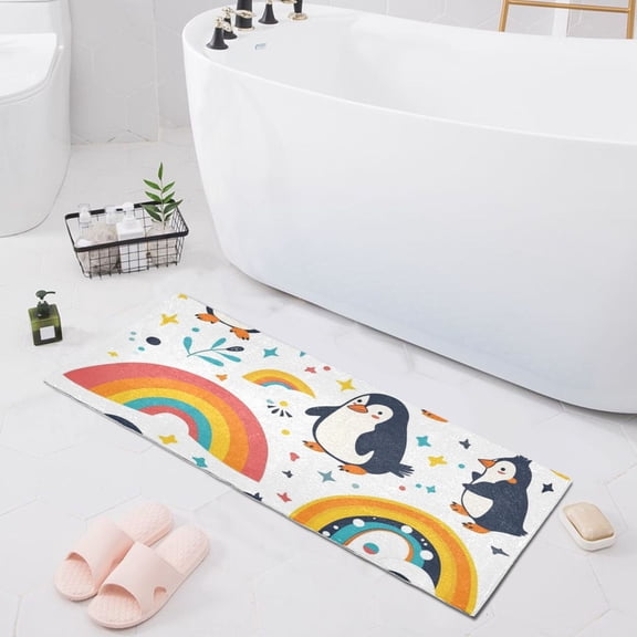 Bath Mat Soft Plush Non-Slip Absorbent Bathroom Rugs 39"x20" Cartoon Penguins and Rainbow