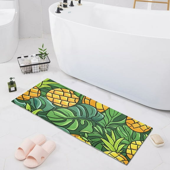 Bath Mat Soft Plush Non-Slip Absorbent Bathroom Rugs 39"x20" Cartoon Pineapple and Tropical Leaves